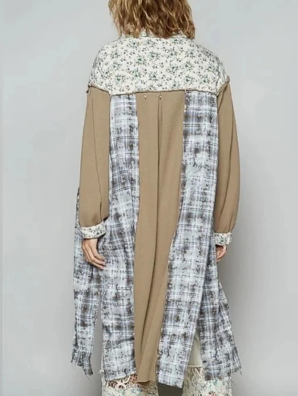 POL Mixed-Print Duster Coat in Olive, Cream, Gray - Picture 2 of 4